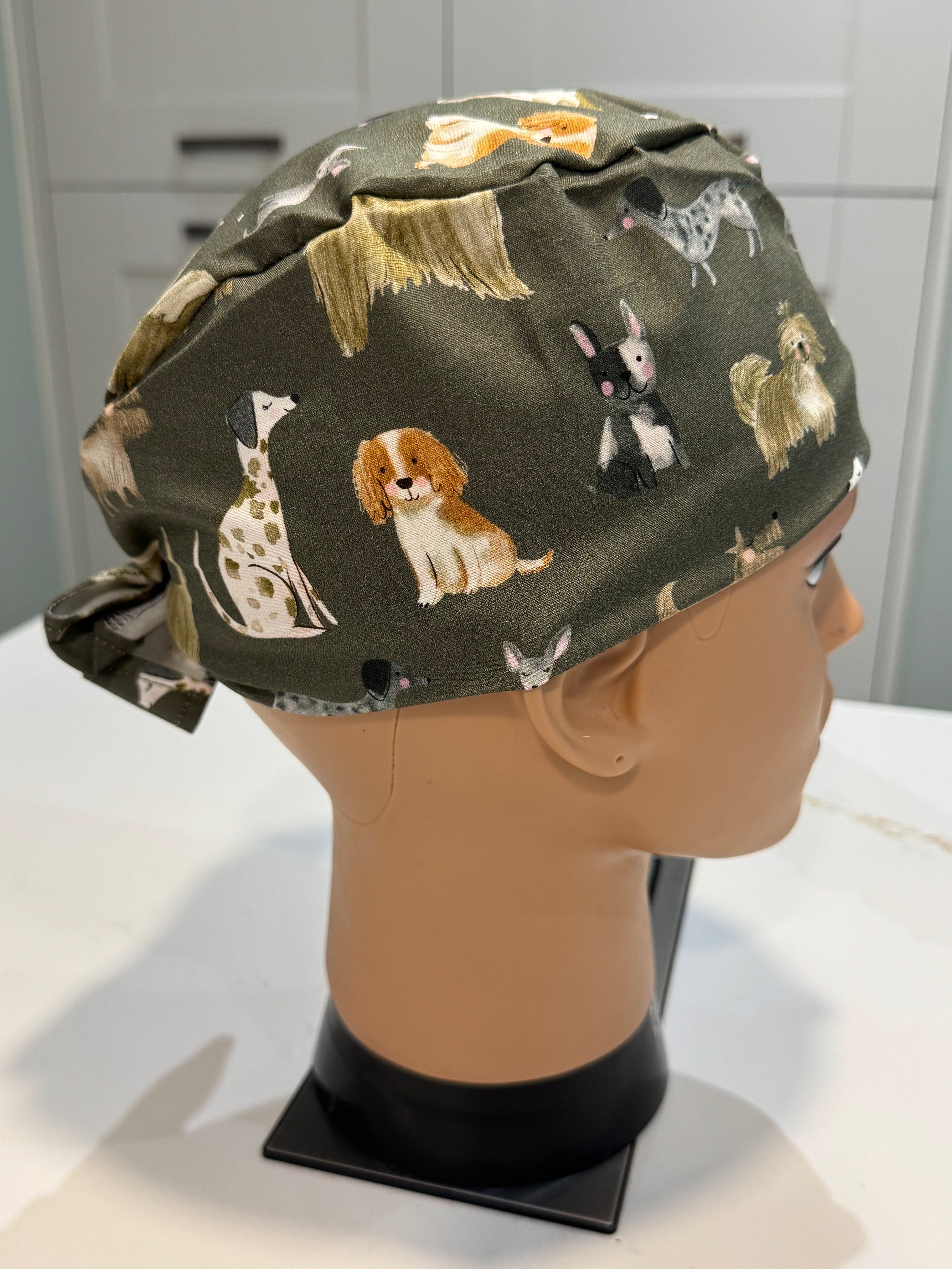 Olive Dogs Cotton Fabric tie-back theatre scrub cap / hat.  Ethically made.