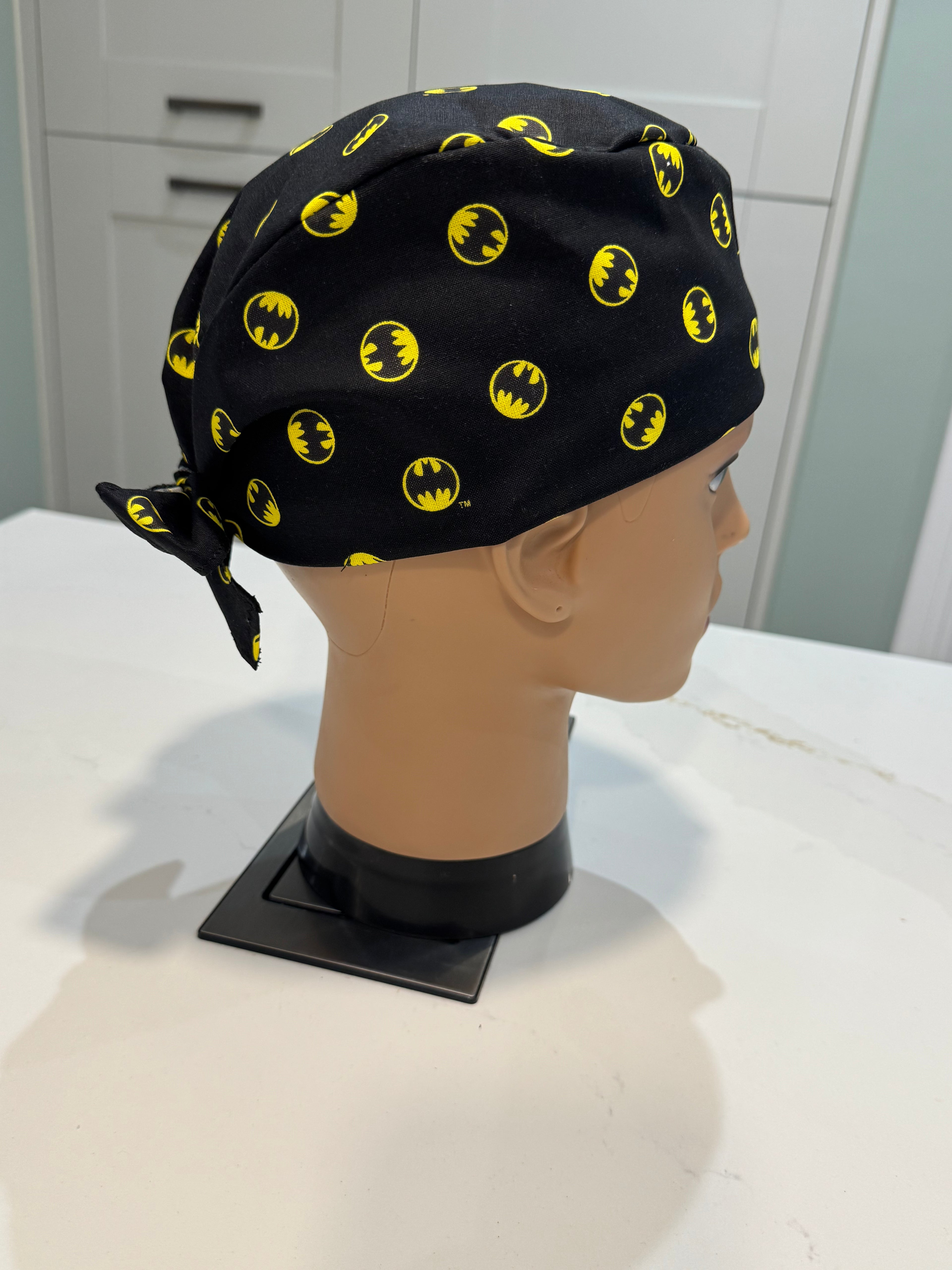 Batman Small Motif Superhero design Cotton Fabric tie-back theatre scrub cap / hat.