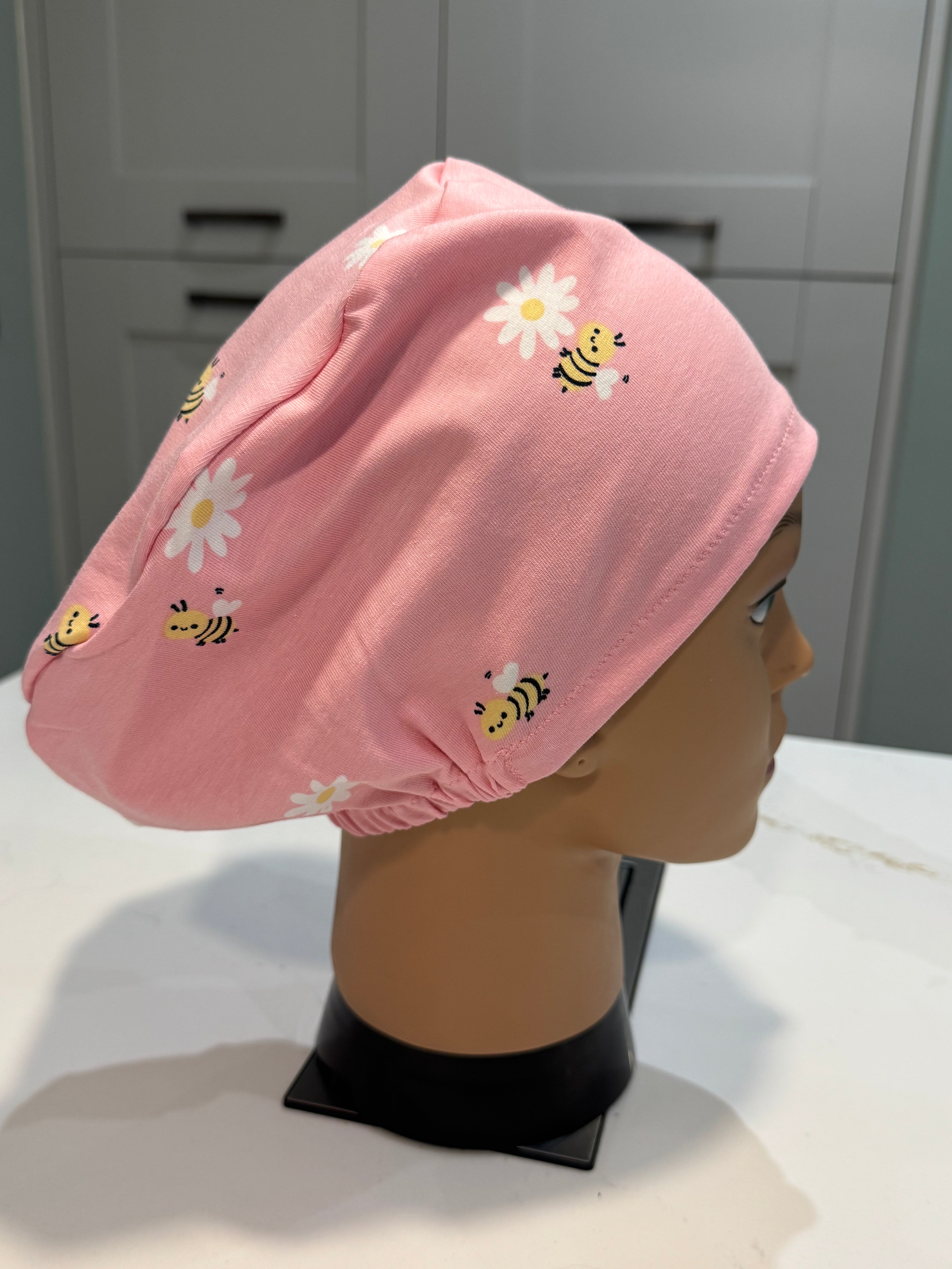 Pink Bees & Daisies Premium Jersey super soft and smooth cotton theatre scrub hat/cap