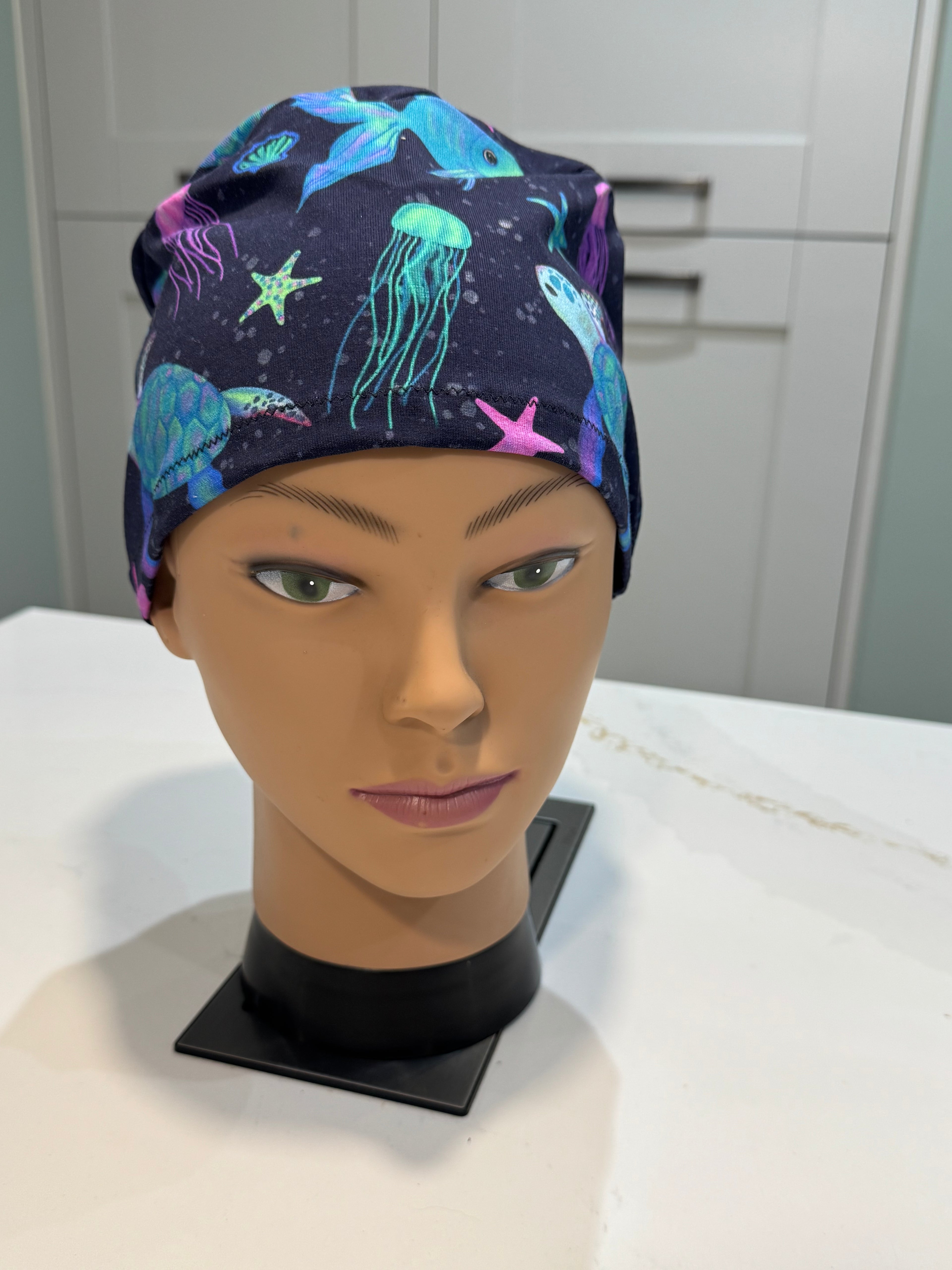 Navy Aquarium Premium Jersey super soft and smooth cotton theatre scrub hat/cap