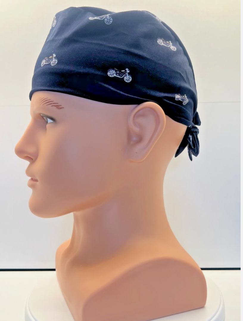 Midnight Motorcycles Cotton Fabric tie-back theatre scrub cap / hat.