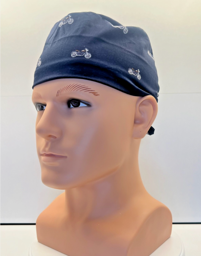 Midnight Motorcycles Cotton Fabric tie-back theatre scrub cap / hat.