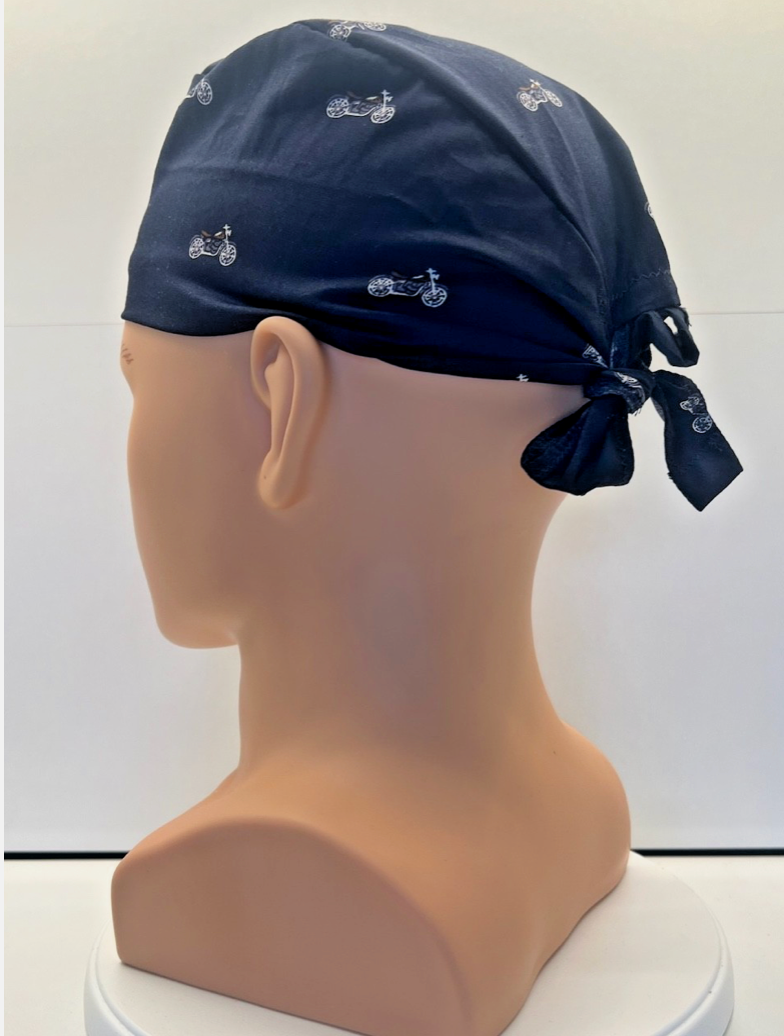 Midnight Motorcycles Cotton Fabric tie-back theatre scrub cap / hat.