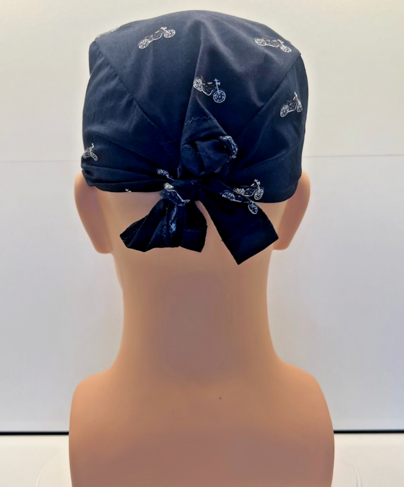 Midnight Motorcycles Cotton Fabric tie-back theatre scrub cap / hat.
