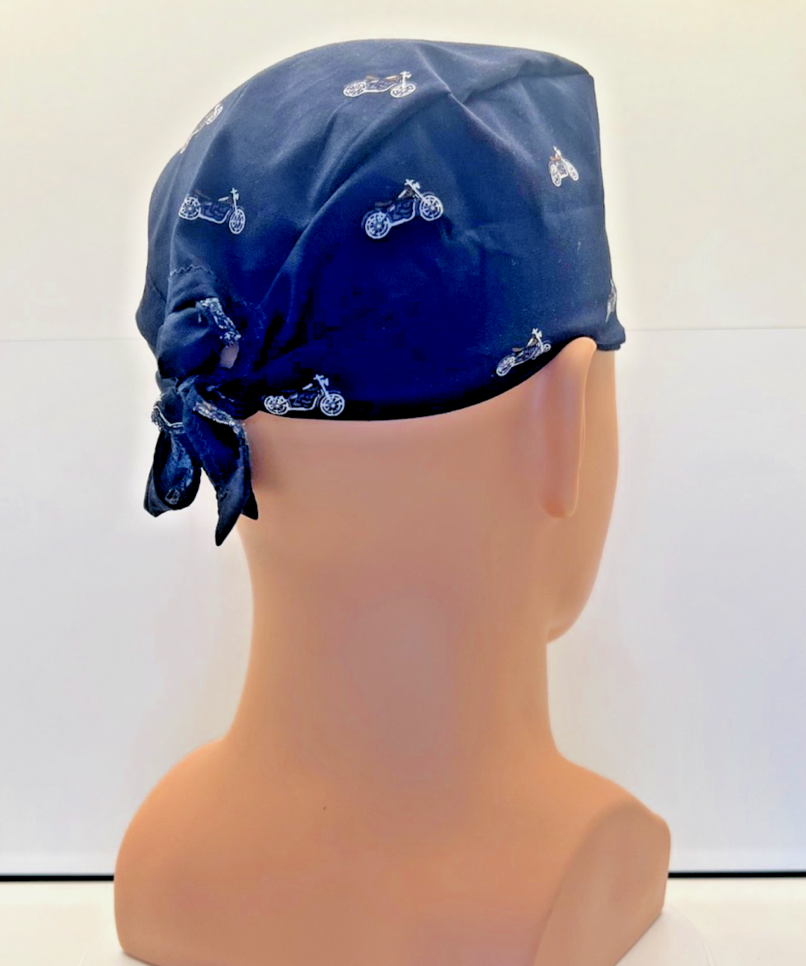 Midnight Motorcycles Cotton Fabric tie-back theatre scrub cap / hat.