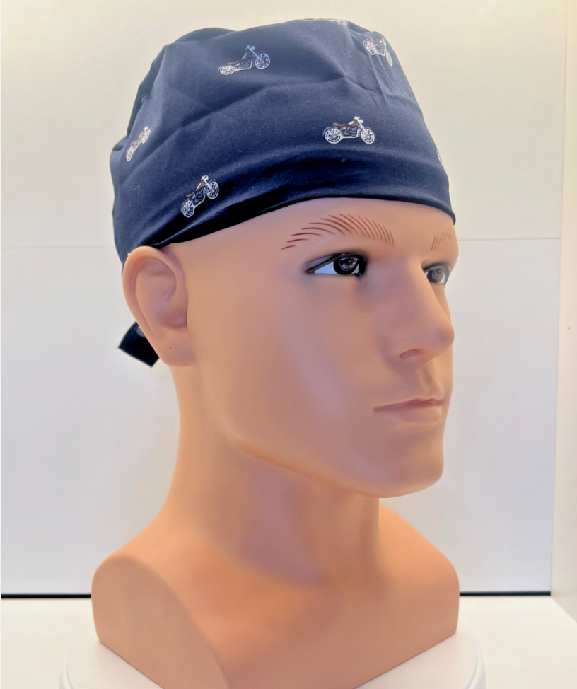 Midnight Motorcycles Cotton Fabric tie-back theatre scrub cap / hat.