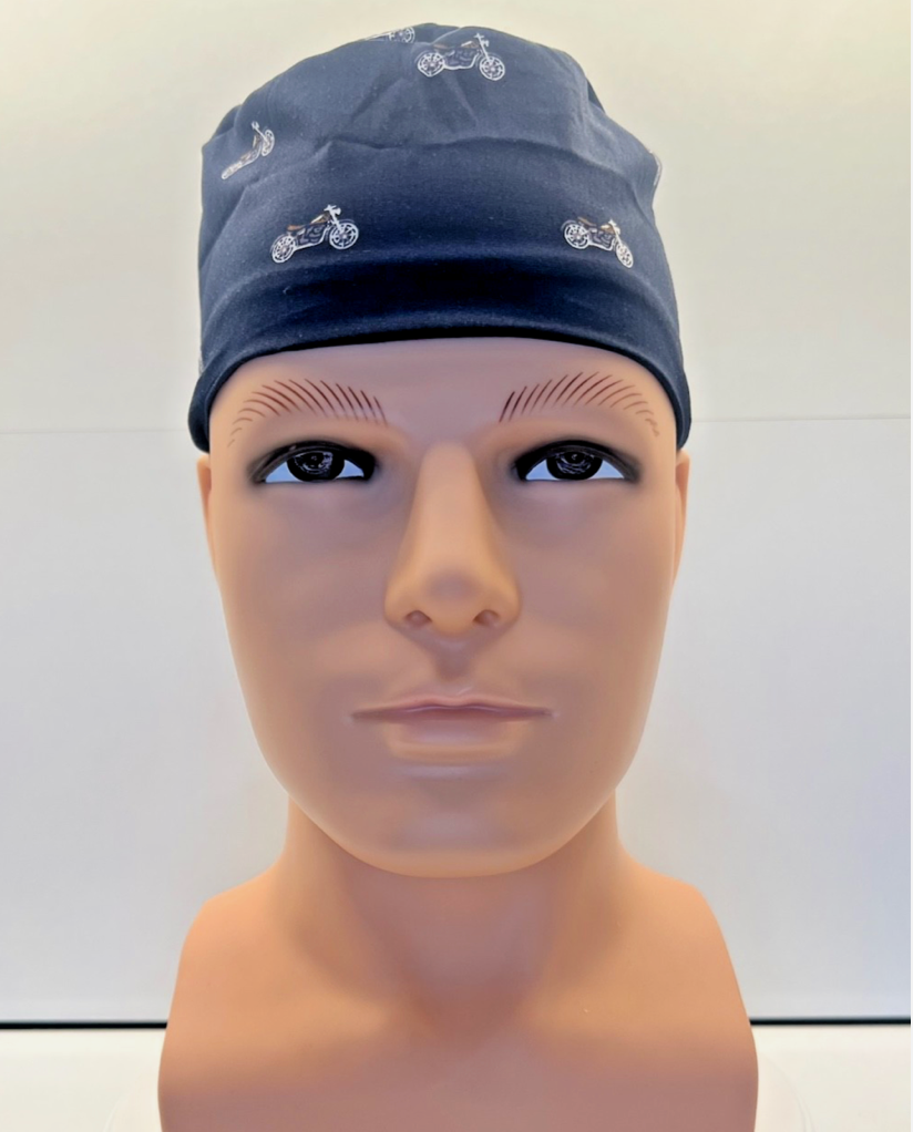 Midnight Motorcycles Cotton Fabric tie-back theatre scrub cap / hat.