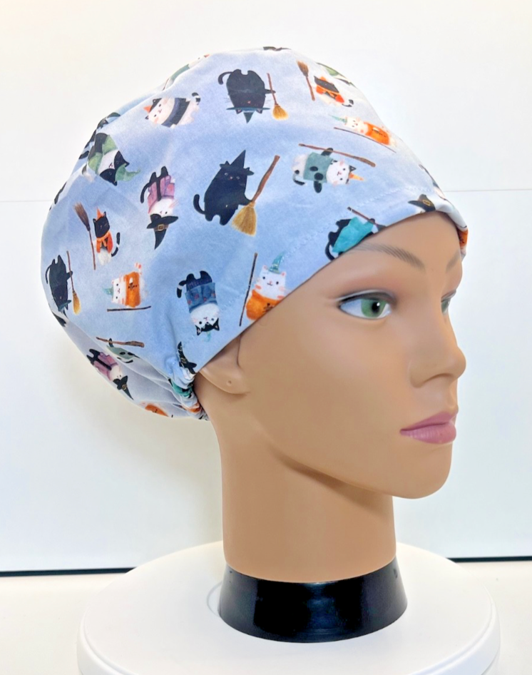 Cats in Hats Halloween 100% Cotton Theatre Scrub Hat/Cap.  Optional Satin lining