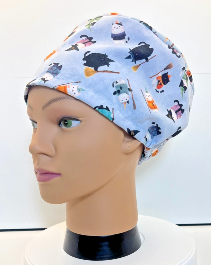 Cats in Hats Halloween 100% Cotton Theatre Scrub Hat/Cap.  Optional Satin lining