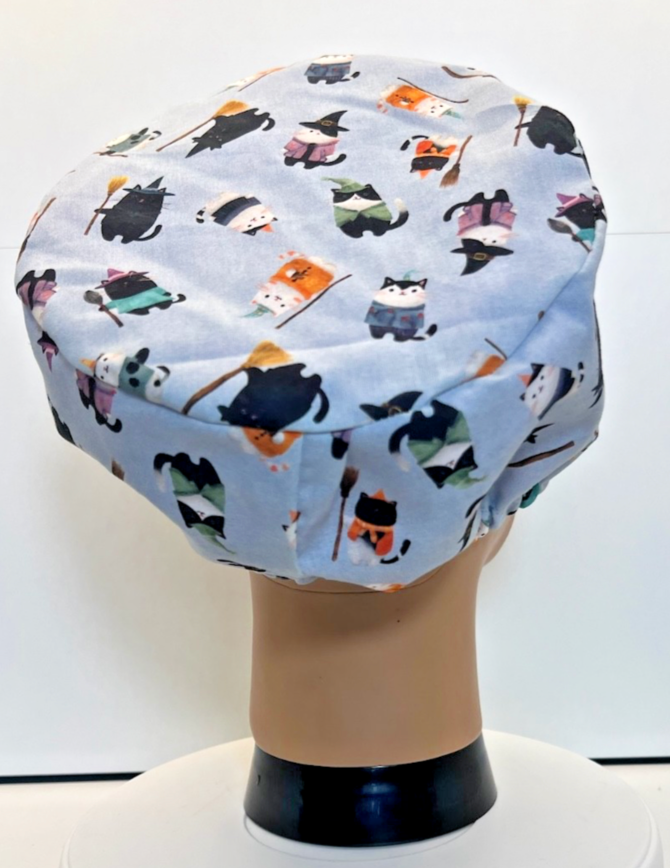 Cats in Hats Halloween 100% Cotton Theatre Scrub Hat/Cap.  Optional Satin lining