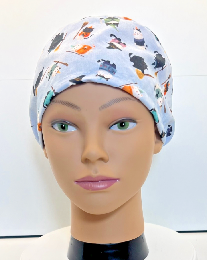 Cats in Hats Halloween 100% Cotton Theatre Scrub Hat/Cap.  Optional Satin lining