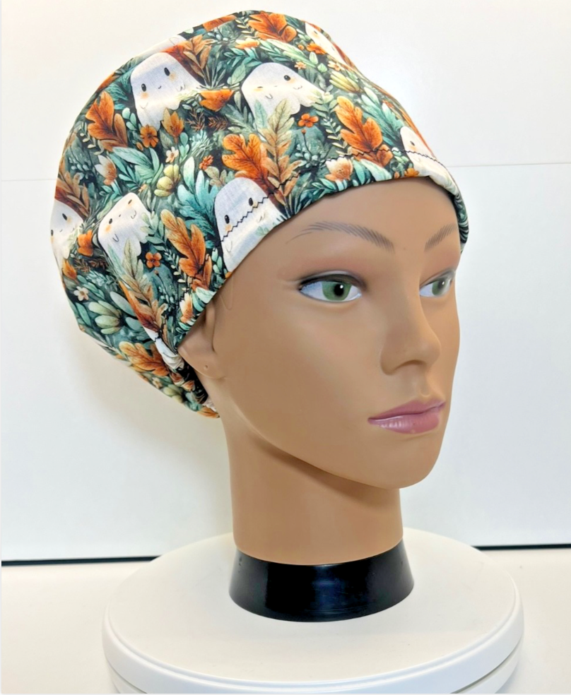 Ghostly Garden Halloween 100% Cotton Theatre Scrub Hat/Cap.  Optional Satin lining