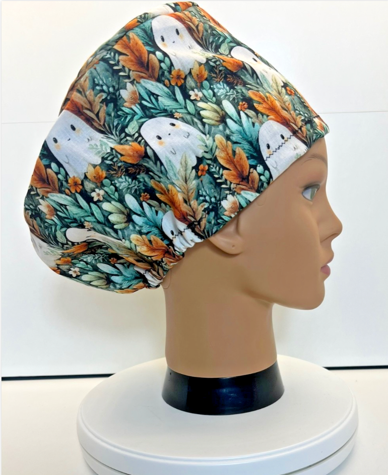 Ghostly Garden Halloween 100% Cotton Theatre Scrub Hat/Cap.  Optional Satin lining