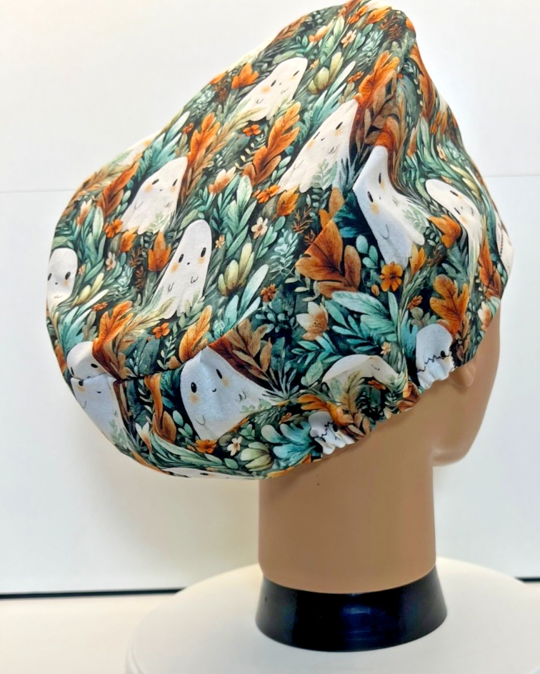 Ghostly Garden Halloween 100% Cotton Theatre Scrub Hat/Cap.  Optional Satin lining