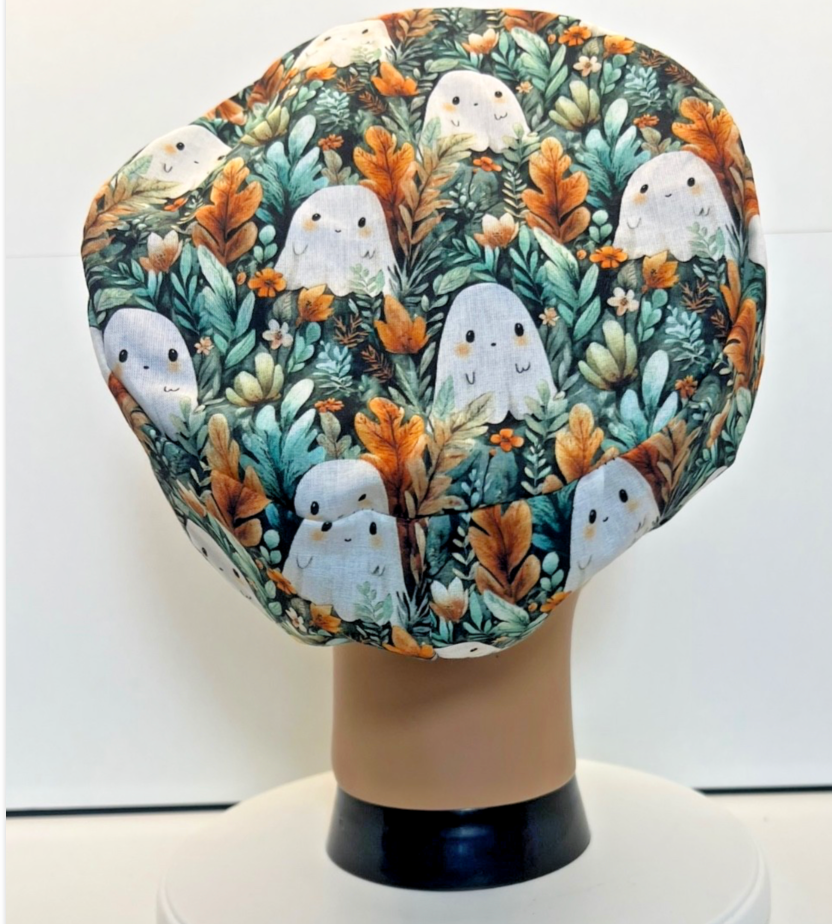 Ghostly Garden Halloween 100% Cotton Theatre Scrub Hat/Cap.  Optional Satin lining
