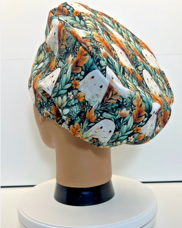 Ghostly Garden Halloween 100% Cotton Theatre Scrub Hat/Cap.  Optional Satin lining