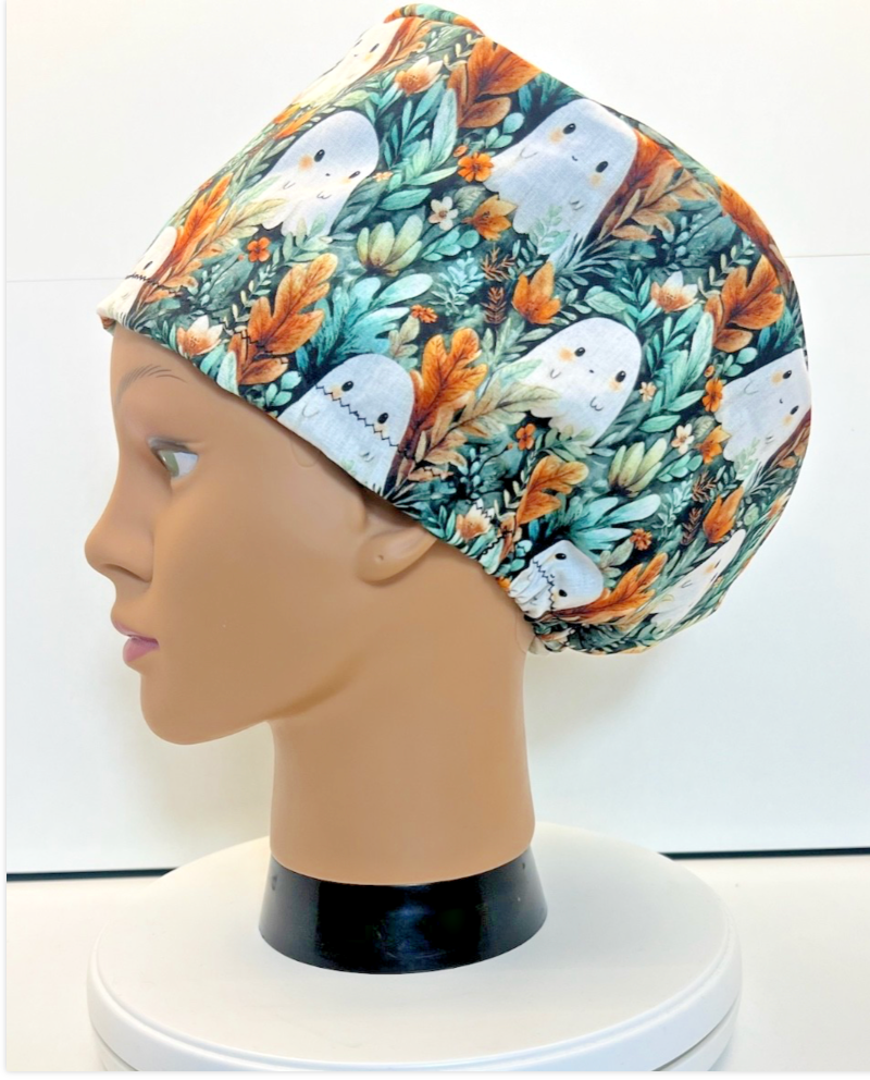 Ghostly Garden Halloween 100% Cotton Theatre Scrub Hat/Cap.  Optional Satin lining