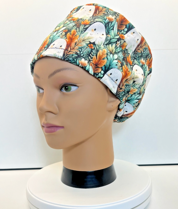 Ghostly Garden Halloween 100% Cotton Theatre Scrub Hat/Cap.  Optional Satin lining