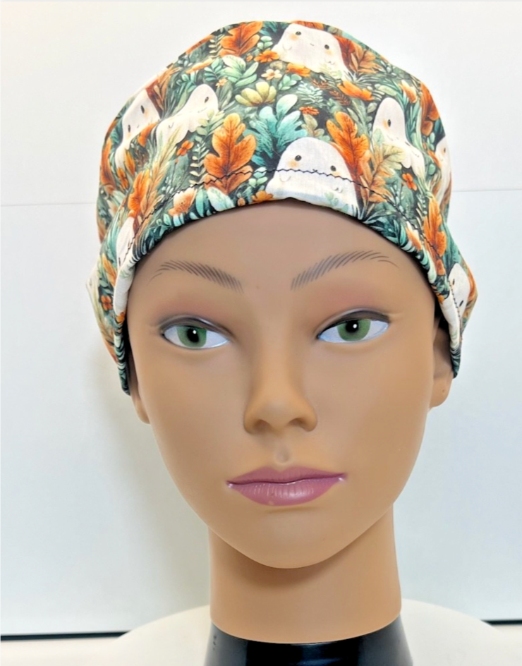 Ghostly Garden Halloween 100% Cotton Theatre Scrub Hat/Cap.  Optional Satin lining