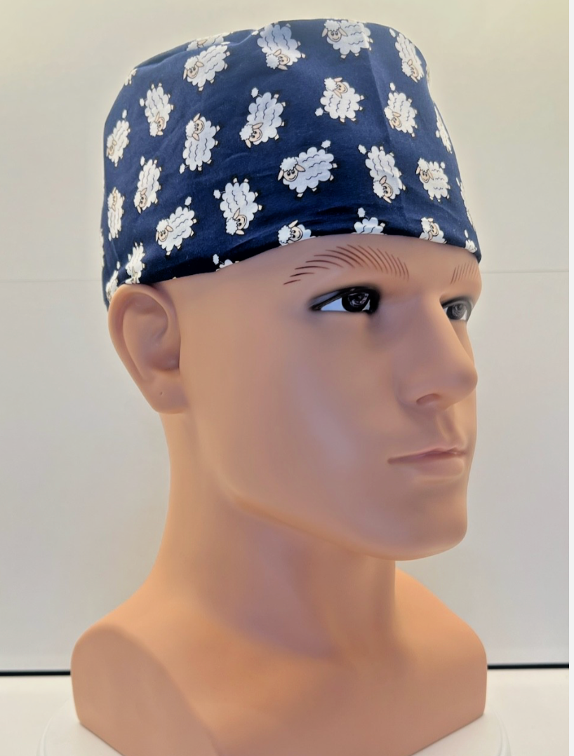 Sheep Dreams 100% Cotton Tie-Back Surgical/Theatre Scrub Hat/Cap. UK Handmade