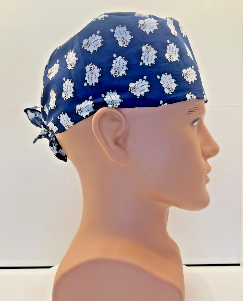 Sheep Dreams 100% Cotton Tie-Back Surgical/Theatre Scrub Hat/Cap. UK Handmade