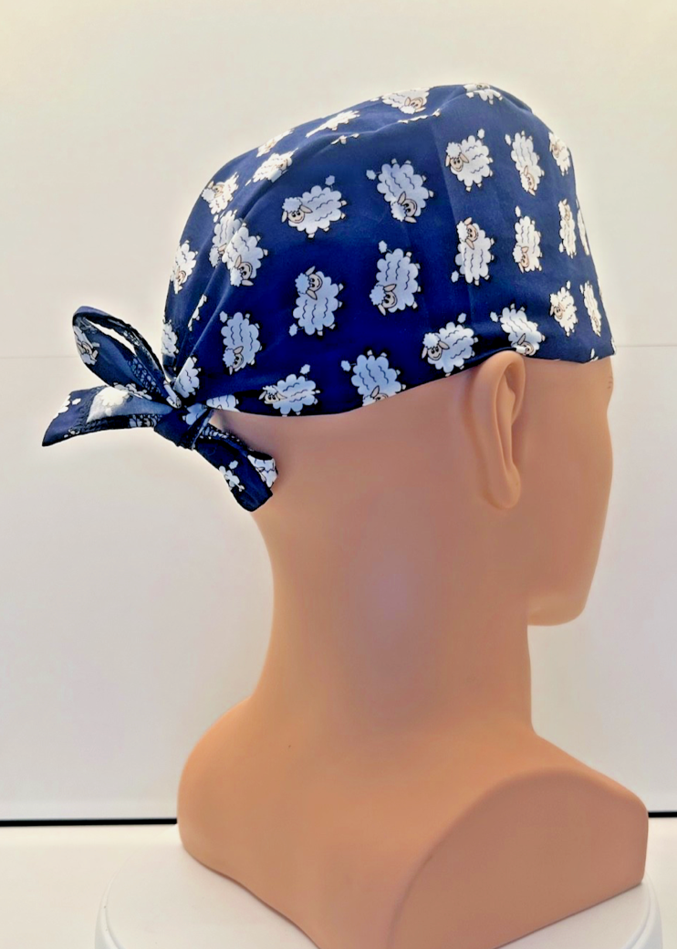Sheep Dreams 100% Cotton Tie-Back Surgical/Theatre Scrub Hat/Cap. UK Handmade