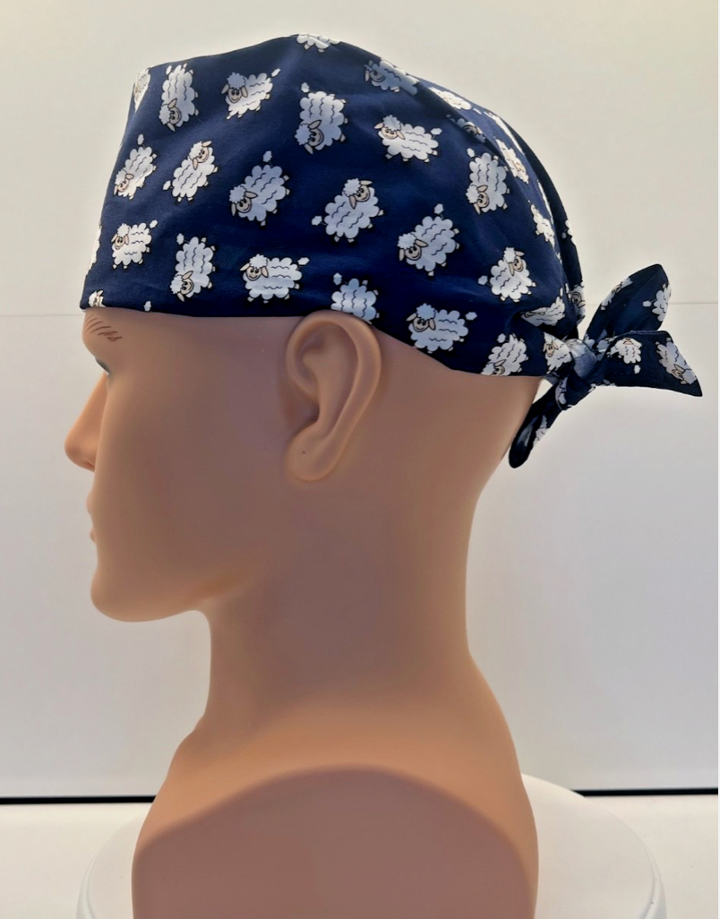 Sheep Dreams 100% Cotton Tie-Back Surgical/Theatre Scrub Hat/Cap. UK Handmade