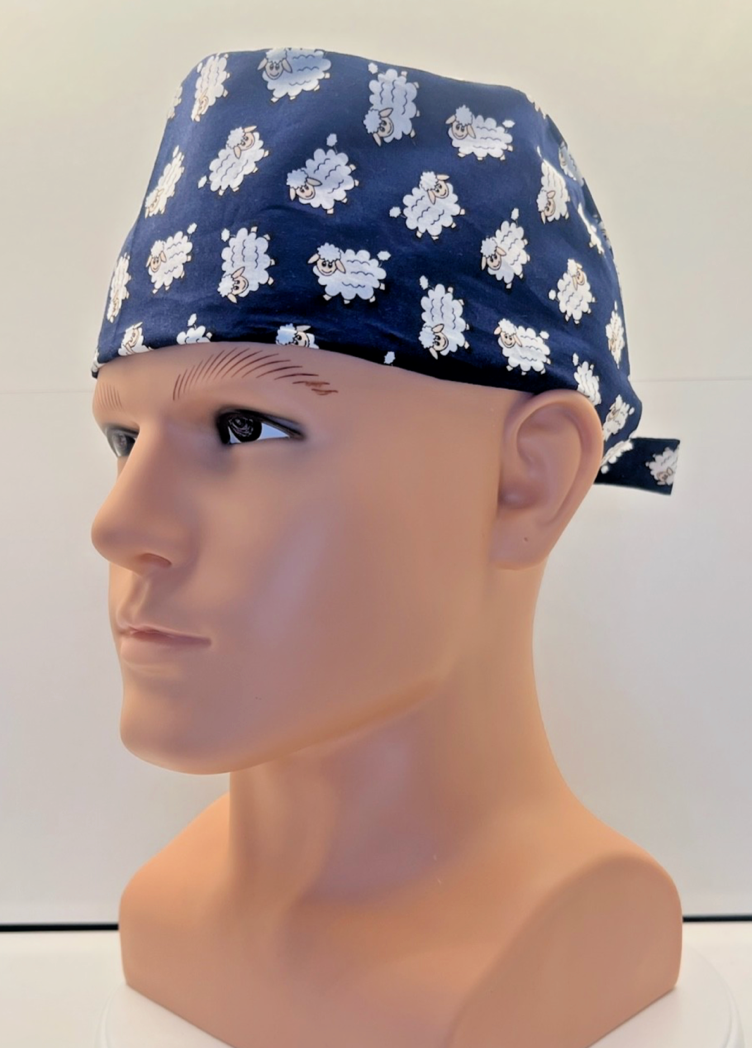Sheep Dreams 100% Cotton Tie-Back Surgical/Theatre Scrub Hat/Cap. UK Handmade