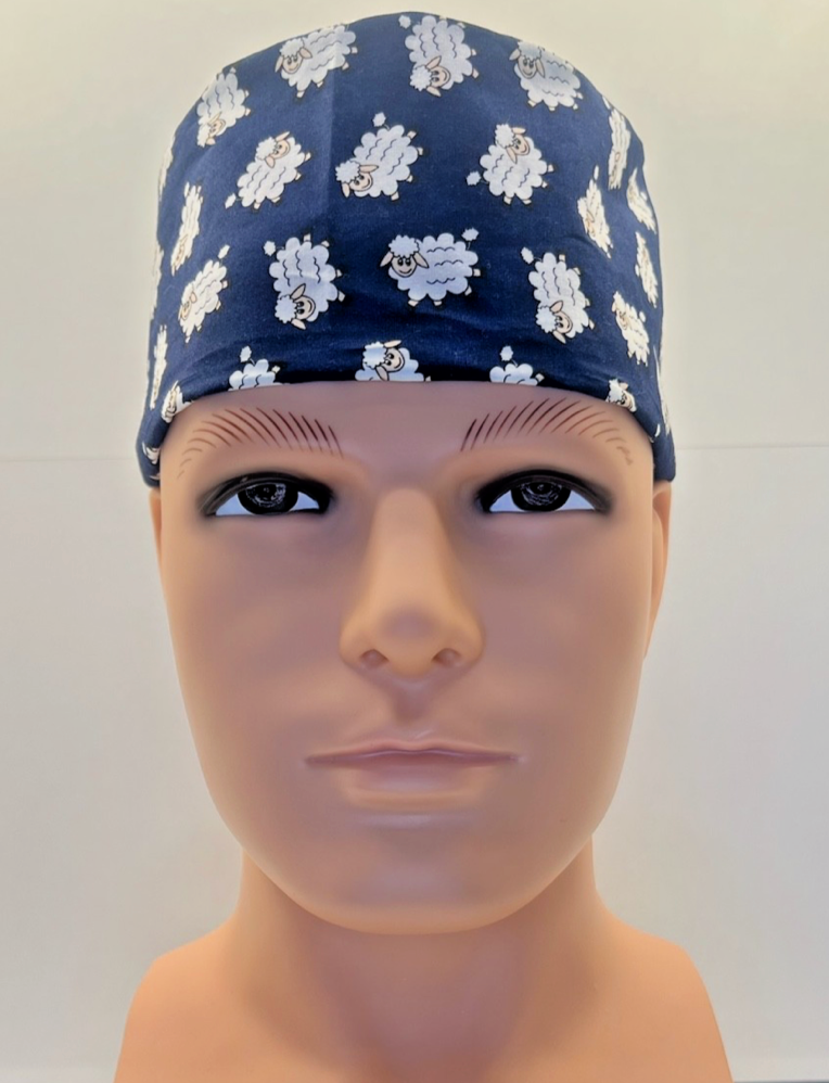 Sheep Dreams 100% Cotton Tie-Back Surgical/Theatre Scrub Hat/Cap. UK Handmade
