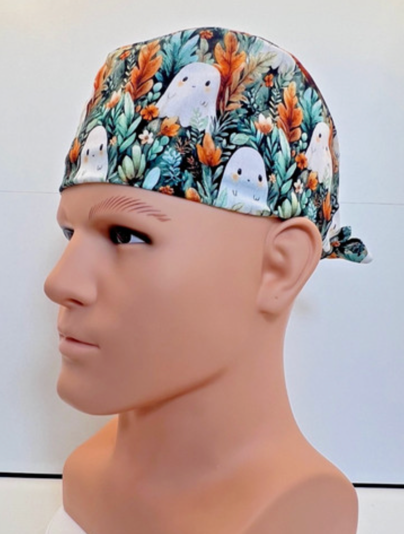 Ghostly Garden Halloween Tie-Back 100% Cotton Theatre Scrub Hat/Cap.