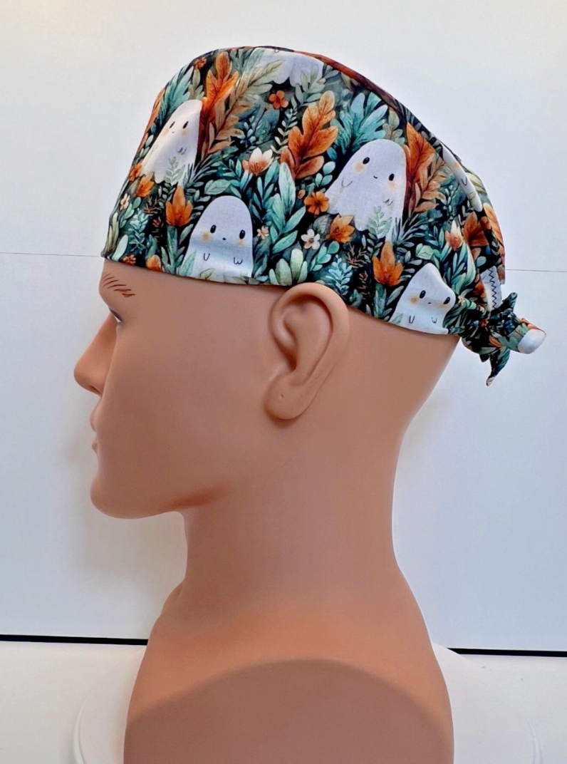 Ghostly Garden Halloween Tie-Back 100% Cotton Theatre Scrub Hat/Cap.
