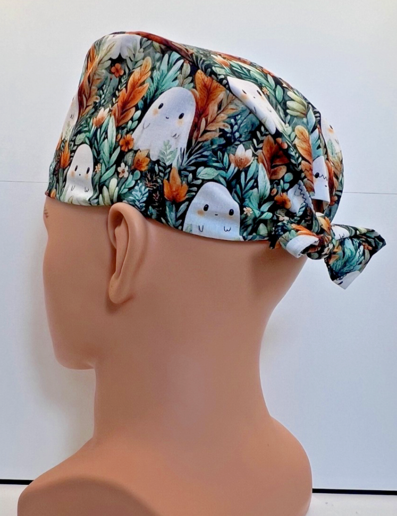 Ghostly Garden Halloween Tie-Back 100% Cotton Theatre Scrub Hat/Cap.