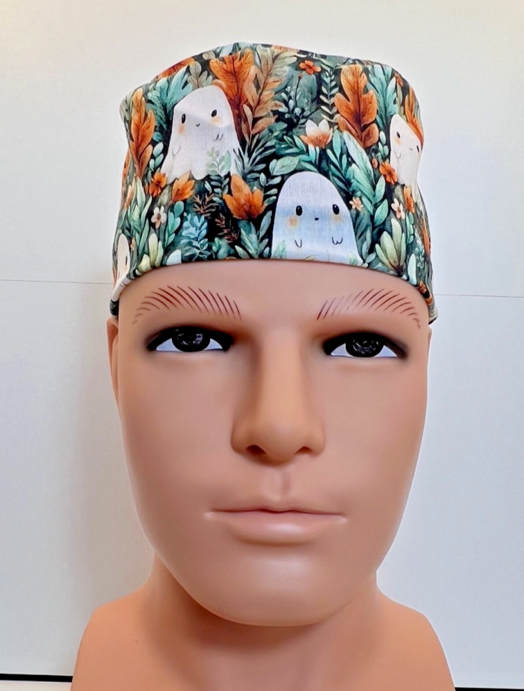 Ghostly Garden Halloween Tie-Back 100% Cotton Theatre Scrub Hat/Cap.