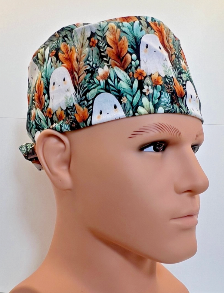 Ghostly Garden Halloween Tie-Back 100% Cotton Theatre Scrub Hat/Cap.