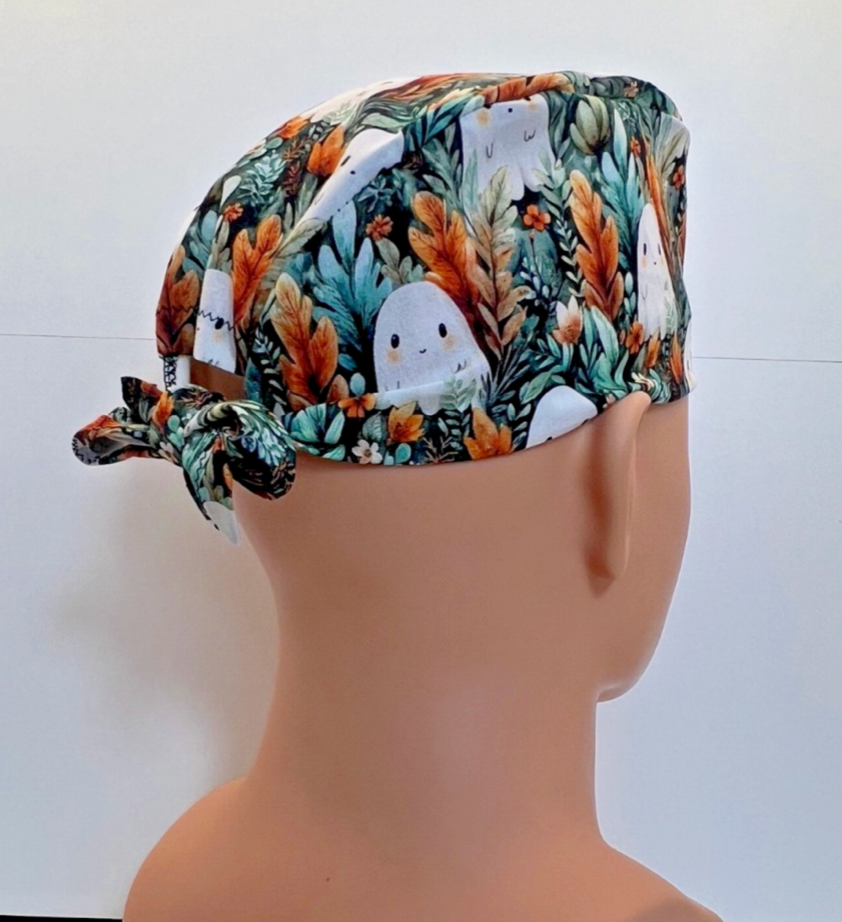 Ghostly Garden Halloween Tie-Back 100% Cotton Theatre Scrub Hat/Cap.