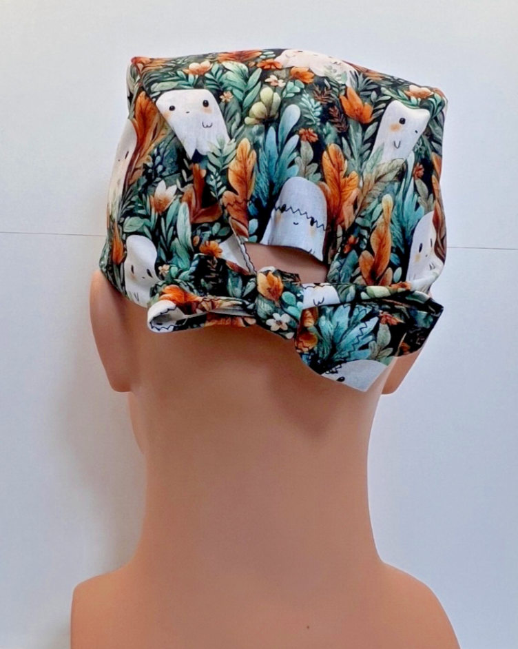 Ghostly Garden Halloween Tie-Back 100% Cotton Theatre Scrub Hat/Cap.