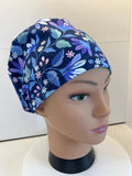 Navy Flower Garden Jersey Fabric Handmade Scrub Cap/Theatre Hat. UK Made