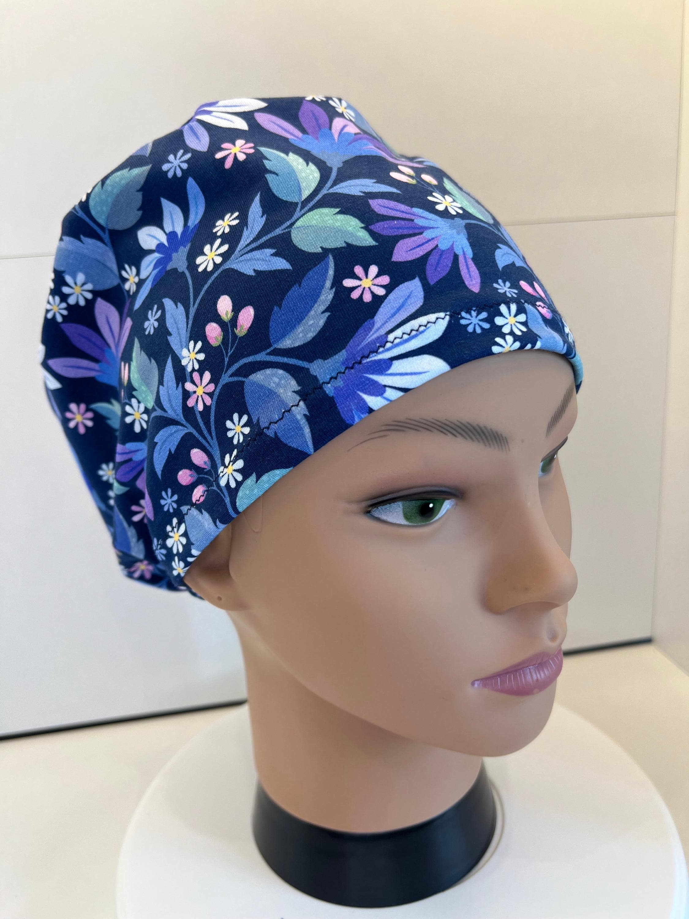 Navy Flower Garden Jersey Fabric Handmade Scrub Cap/Theatre Hat. UK Made