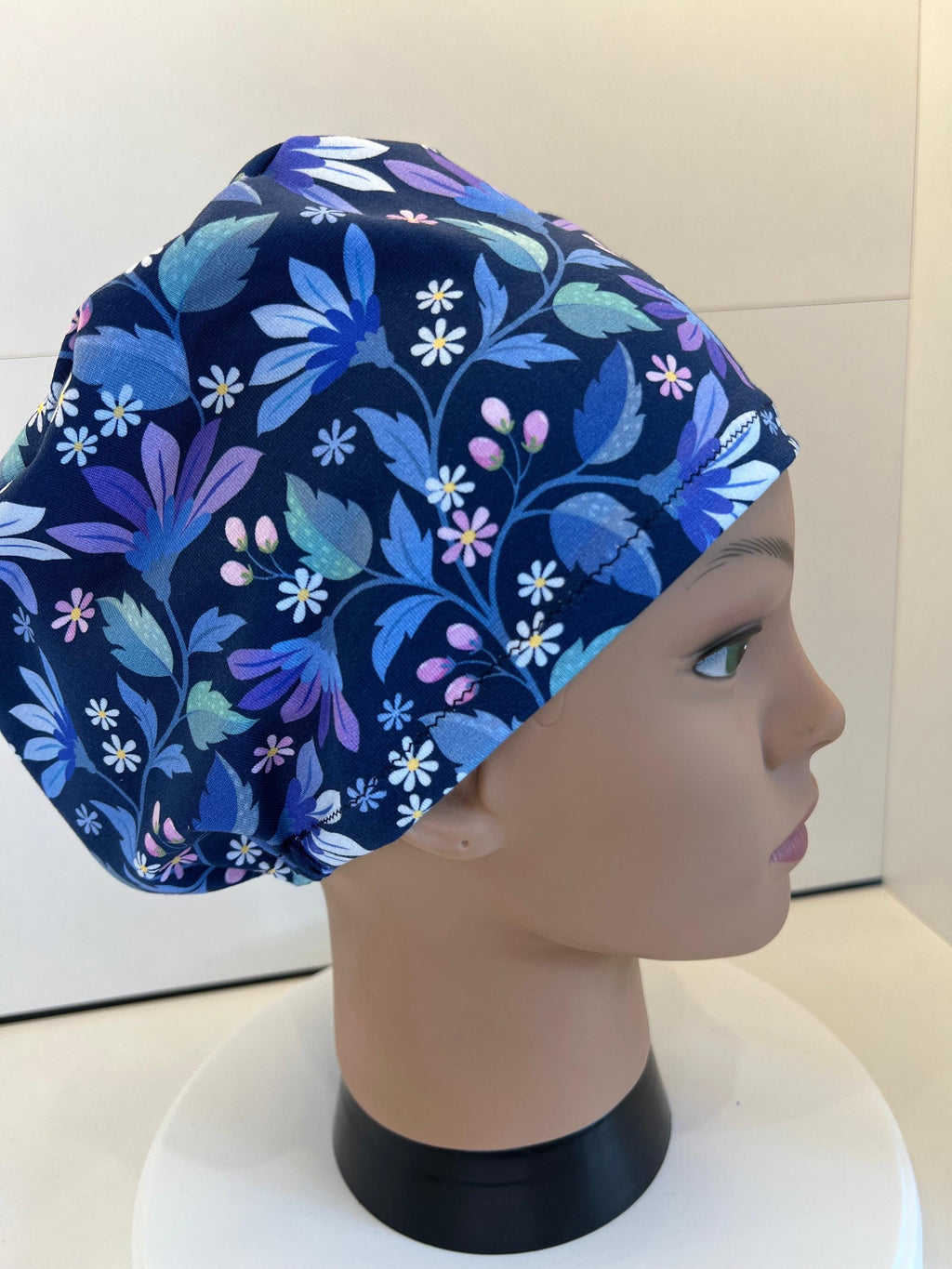 Navy Flower Garden Jersey Fabric Handmade Scrub Cap/Theatre Hat. UK Made