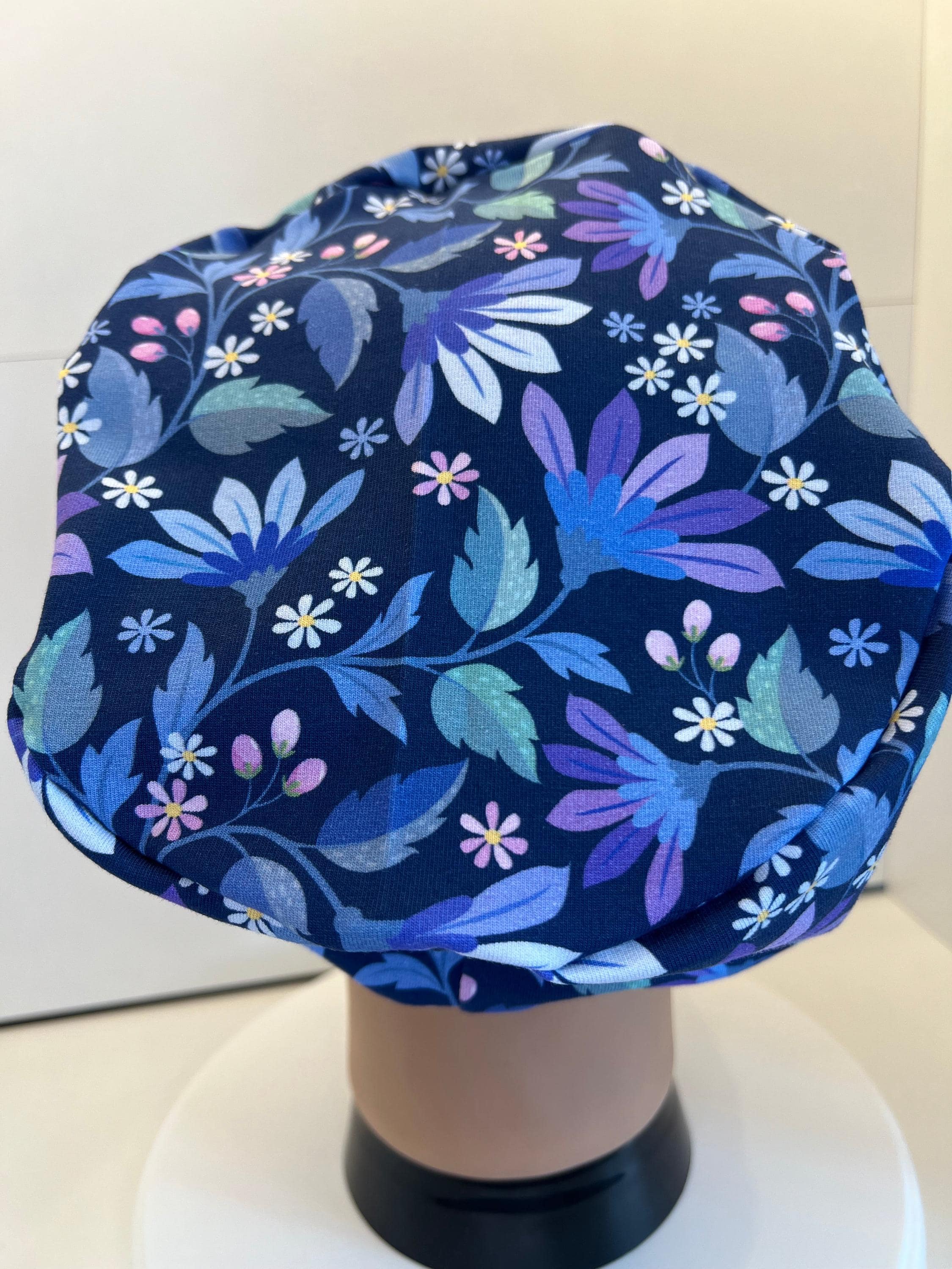 Navy Flower Garden Jersey Fabric Handmade Scrub Cap/Theatre Hat. UK Made