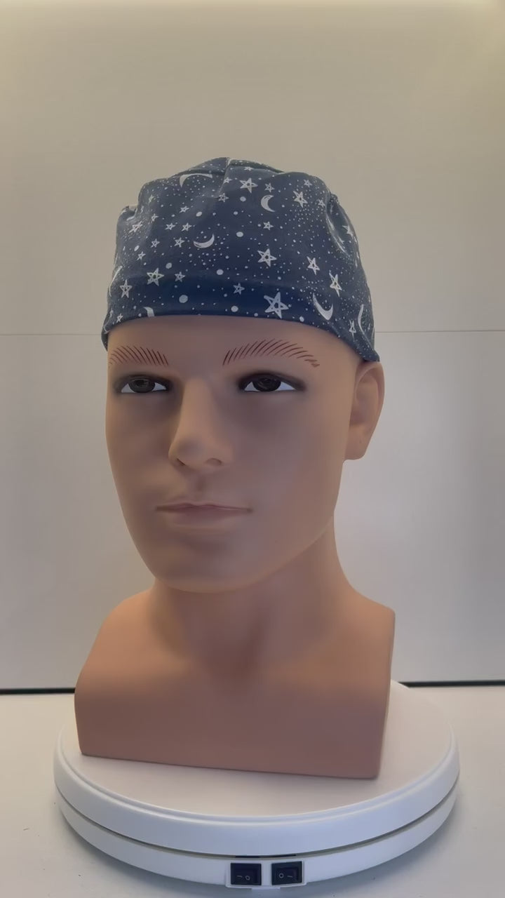 Moonlit Skies Fabric tie-back theatre scrub cap / hat.  UK Handmade