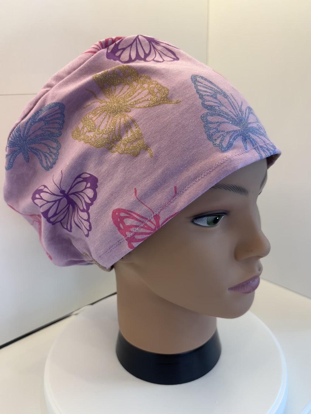 Purple Glitter Butterflies Premium Jersey Fabric Theatre Hat/Scrub Cap