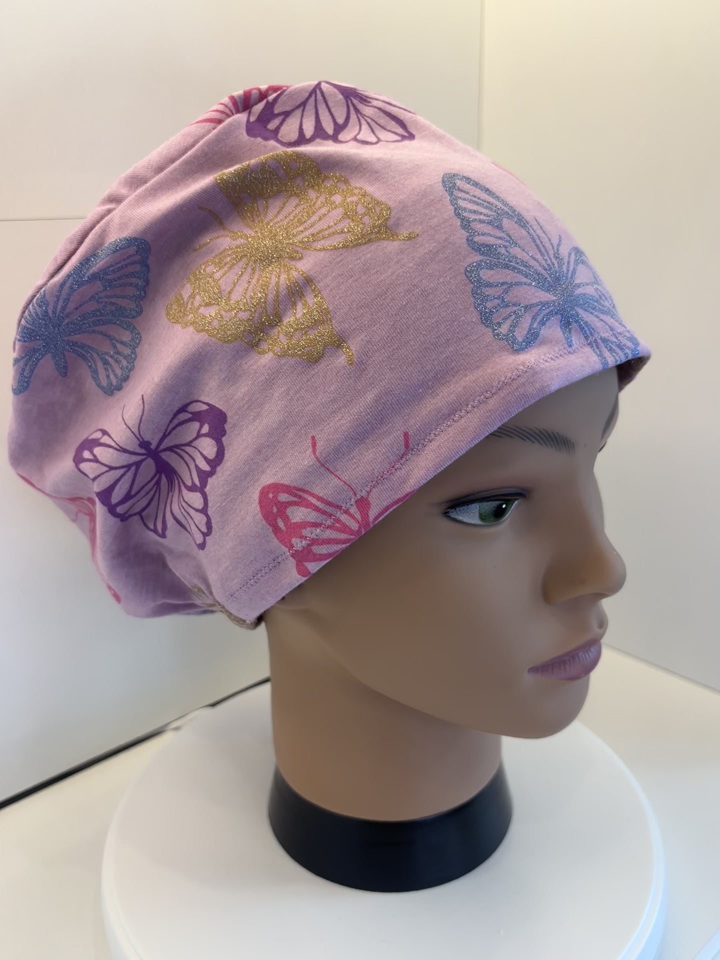 Purple Glitter Butterflies Premium Jersey Fabric Theatre Hat/Scrub Cap