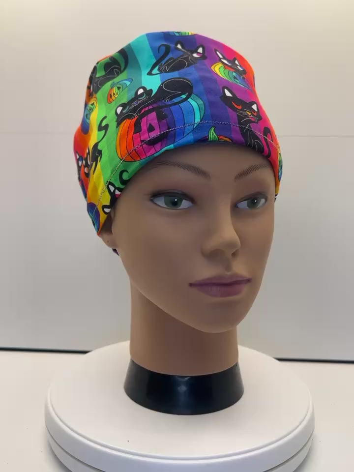 Paws and Pumpkins Jersey Cotton Theatre Scrub Hat/Cap.  UK Handmade.