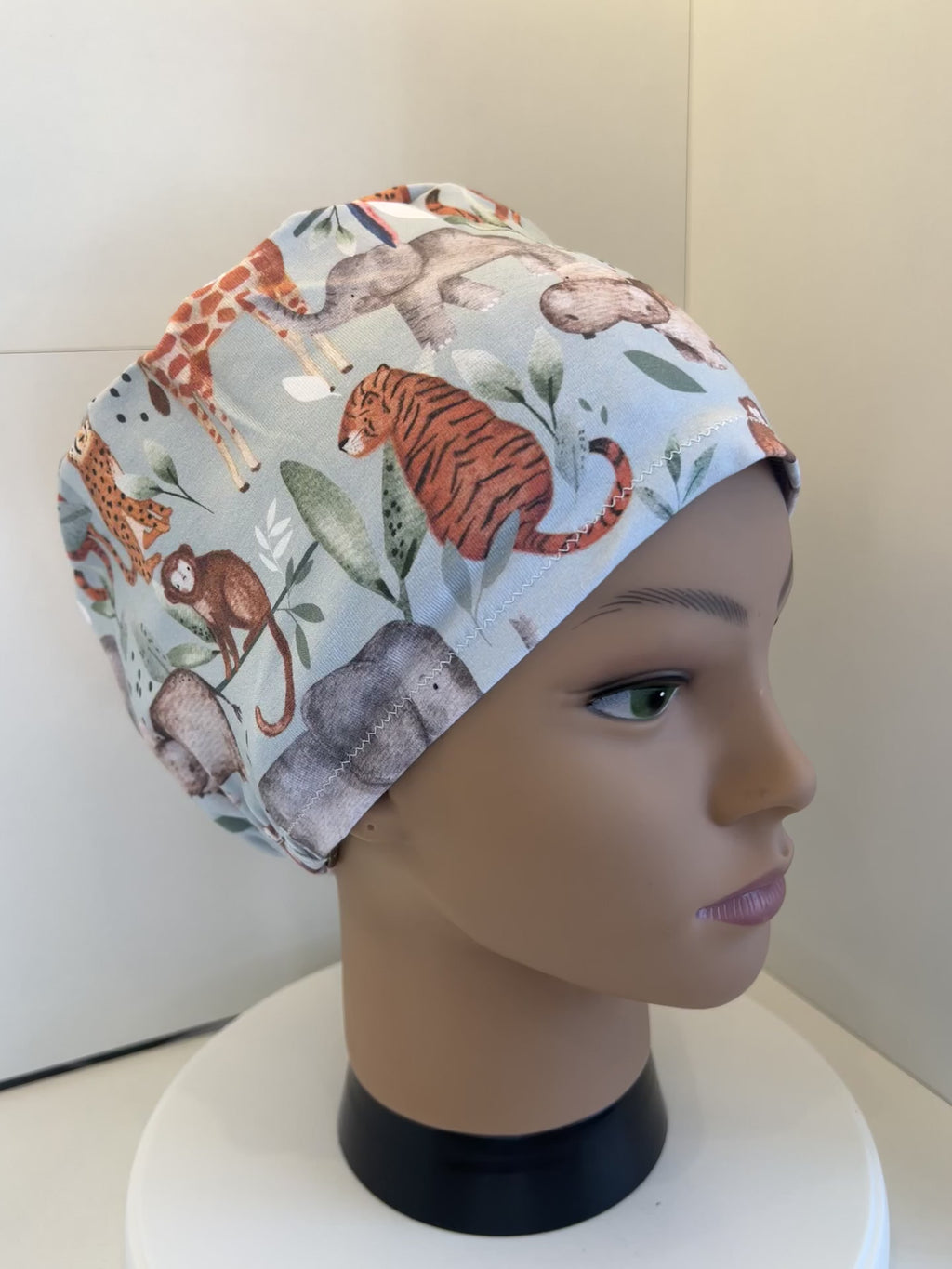 Pale Blue Safari Animals Premium Jersey super soft and smooth cotton theatre scrub hat/cap