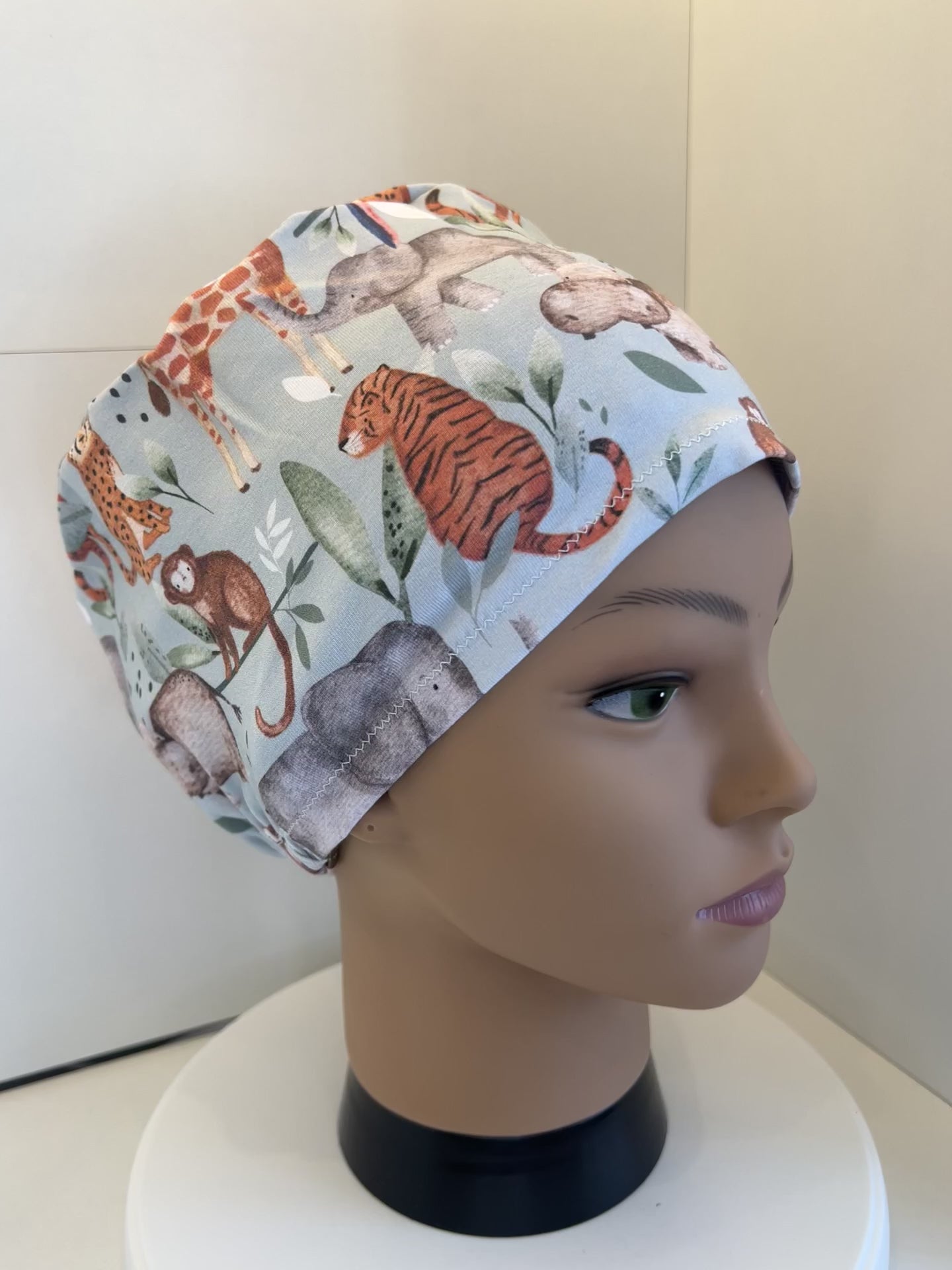Pale Blue Safari Animals Premium Jersey super soft and smooth cotton theatre scrub hat/cap