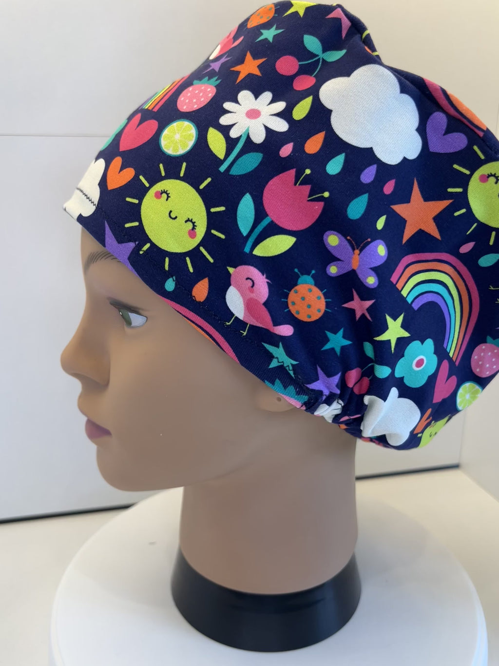 Navy Sunny Skies Soft Jersey Fabric theatre scrub cap / hat.  Ethically made. Standard and Large size