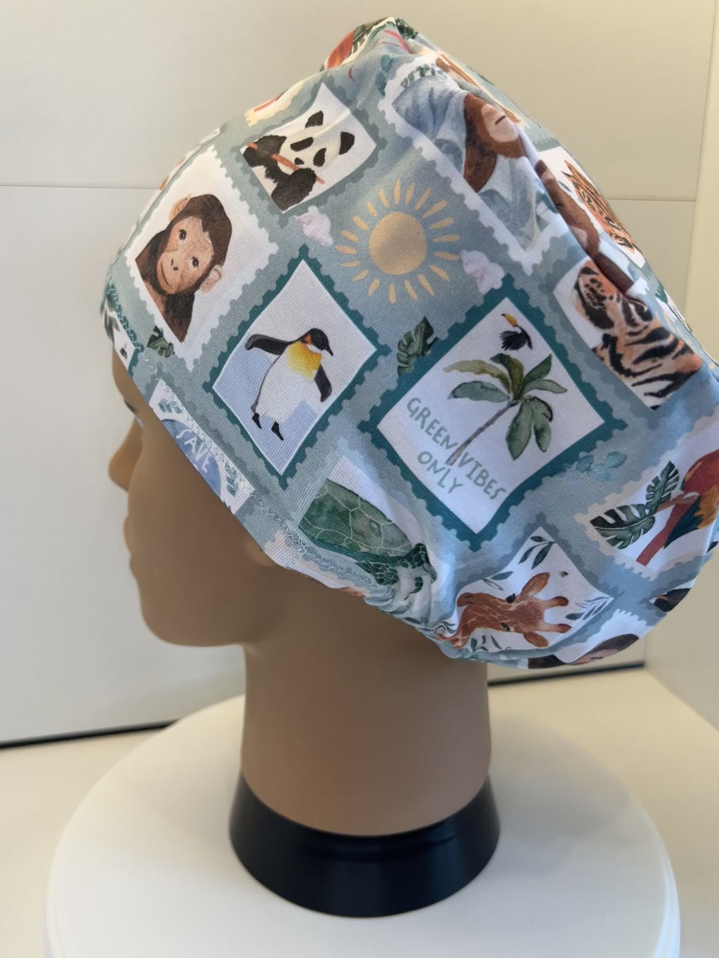 Attenbear Wildlife Stamps Premium Cotton Jersey Super Soft Surgical/Theatre Scrub Hat/Cap. UK Handmade