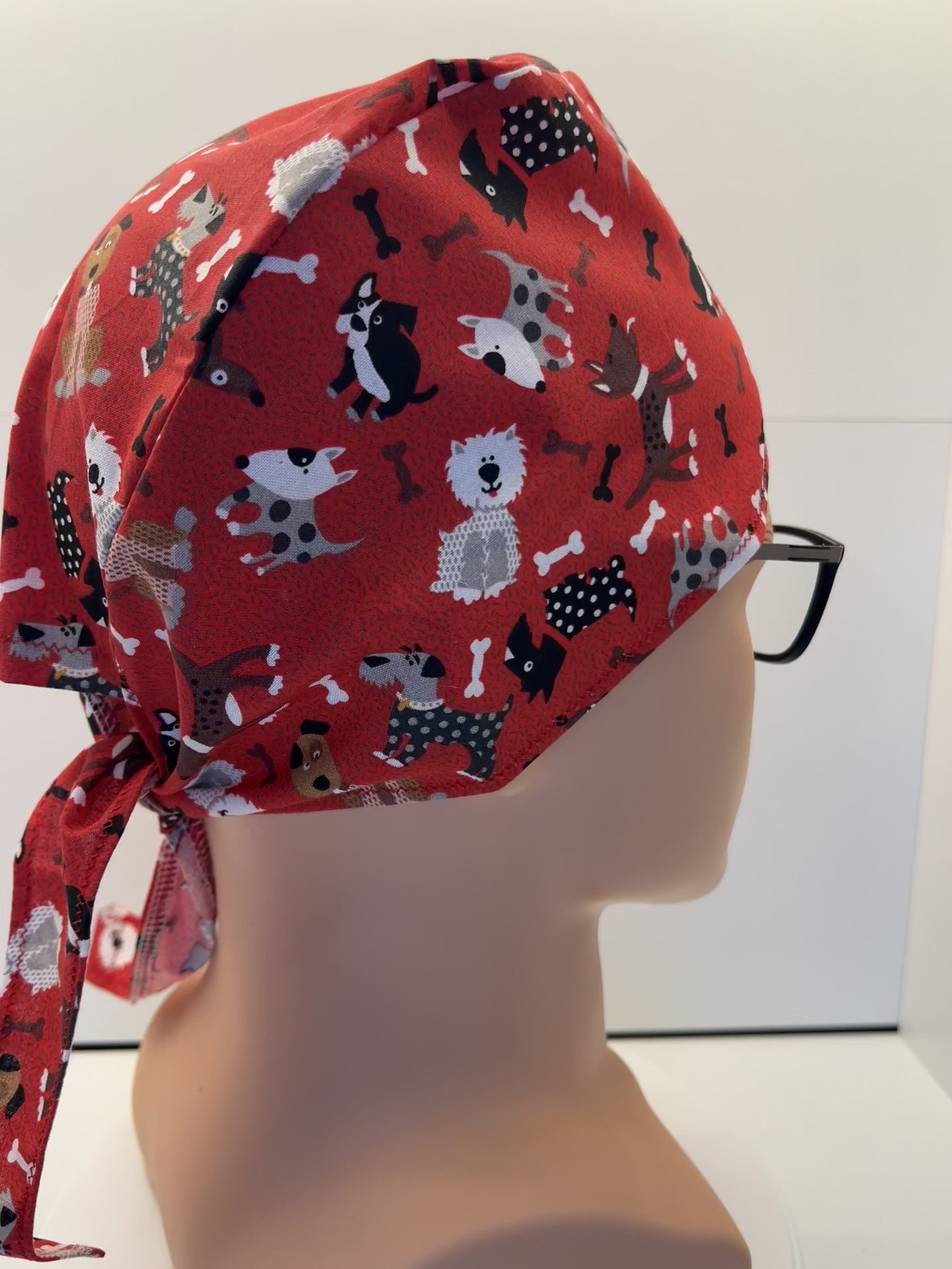 Red Dogs Cotton Fabric tie-back theatre scrub cap / hat