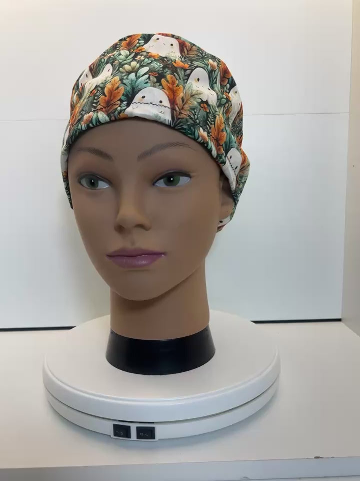 Ghostly Garden Halloween 100% Cotton Theatre Scrub Hat/Cap.  Optional Satin lining